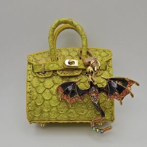 Fish Leather Green Dragon Embellished Handbag Charm. Mini Bag